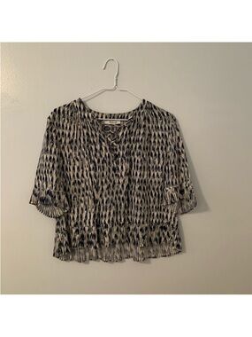 Madewell Navy and Cream Ikat Lace-Up Blouse
